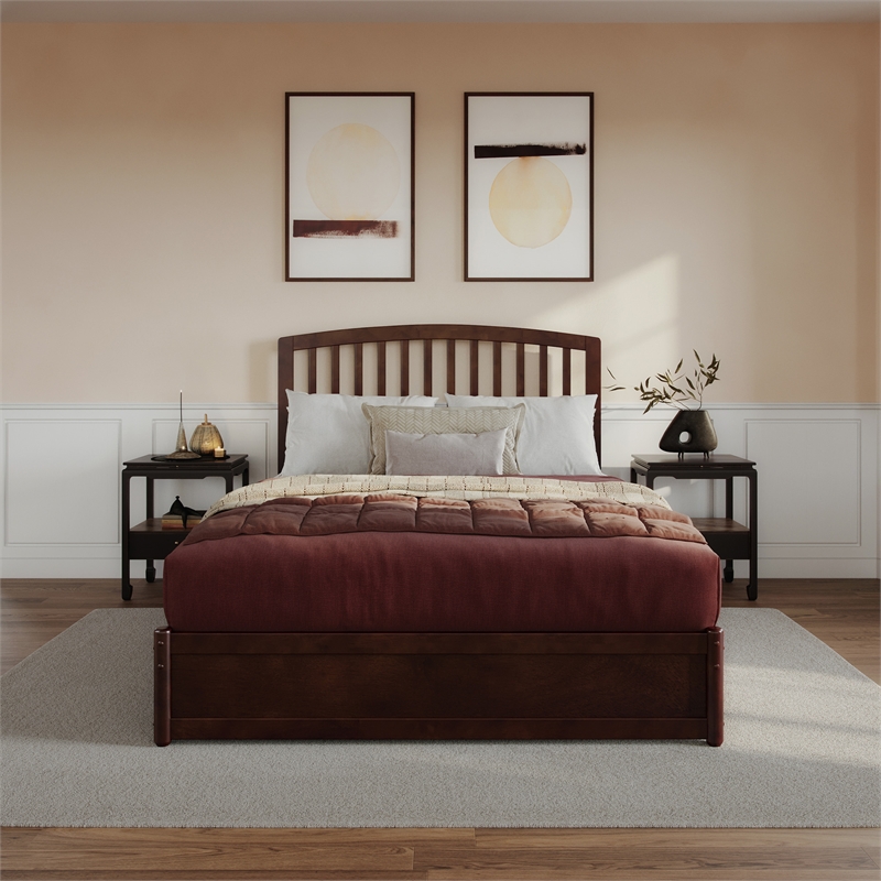 Lucia Queen Wood Platform Bed with Panel Footboard and Twin XL Trundle in Walnut