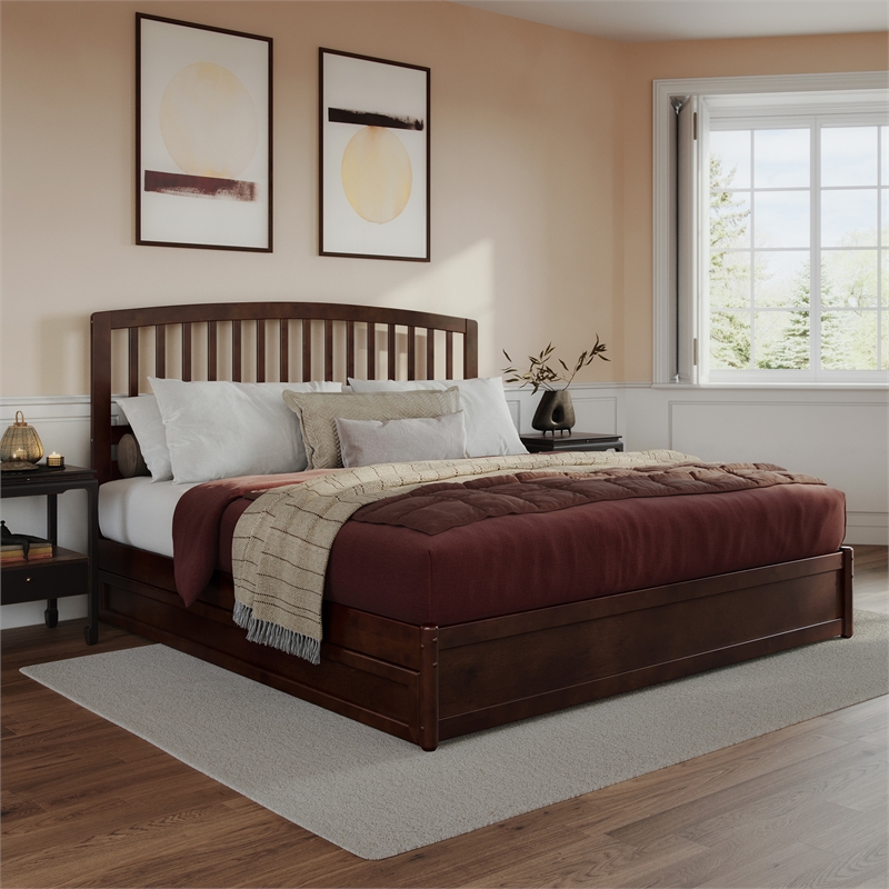 Lucia King Wood Platform Bed with Panel Footboard and Twin XL Trundle in Walnut