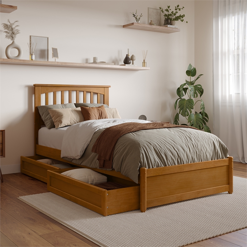Everett Twin XL Wood Platform Bed with Panel Footboard & Drawers in Light Toffee