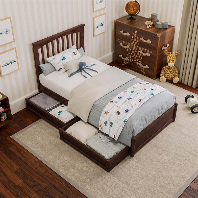 Everett Twin Wood Platform Bed with Panel Footboard & Storage Drawers in Walnut