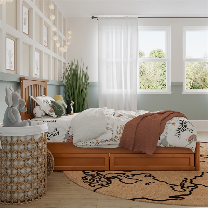 Everett Twin Wood Platform Bed with Panel Footboard & Drawers in Light Toffee