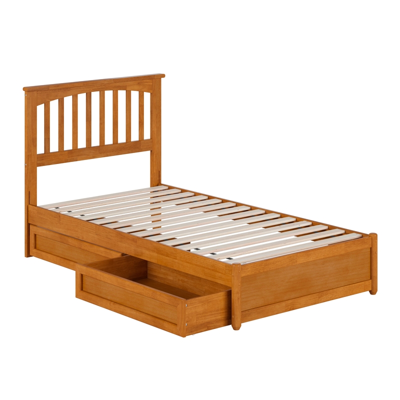 Everett Twin Wood Platform Bed with Panel Footboard & Drawers in Light Toffee