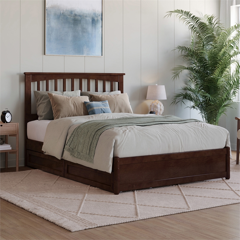 Everett Full Wood Platform Bed with Panel Footboard & Storage Drawers in Walnut
