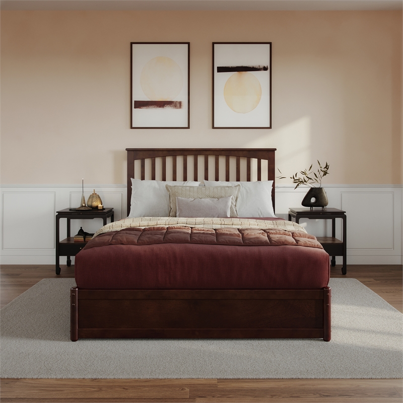 Everett Queen Wood Platform Bed with Panel Footboard & Storage Drawers in Walnut