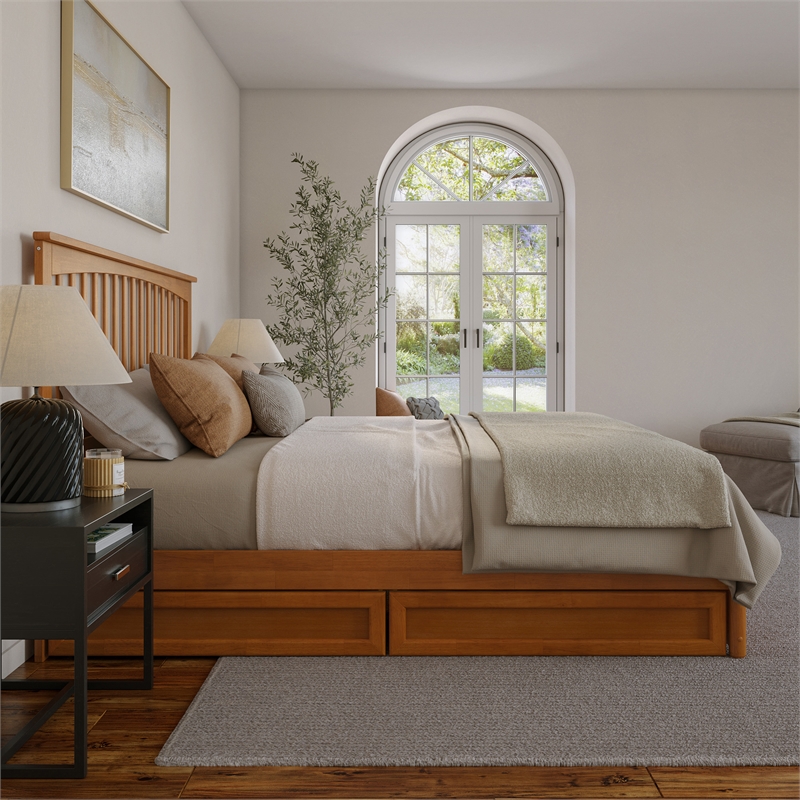 Everett King Wood Platform Bed with Panel Footboard & Drawers in Light Toffee