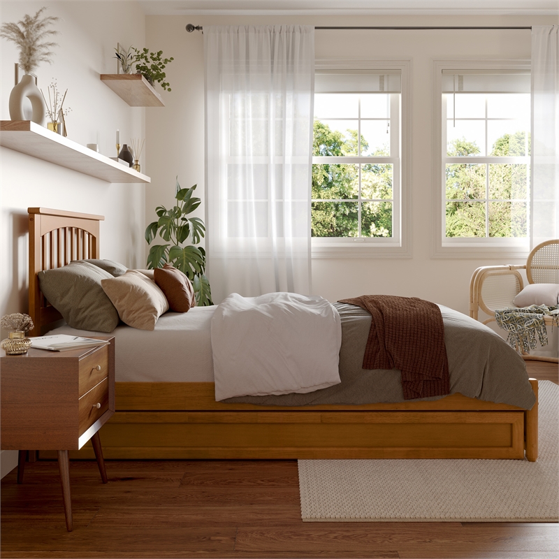 Everett Twin XL Platform Bed with Panel Footboard & TXL Trundle in Light Toffee