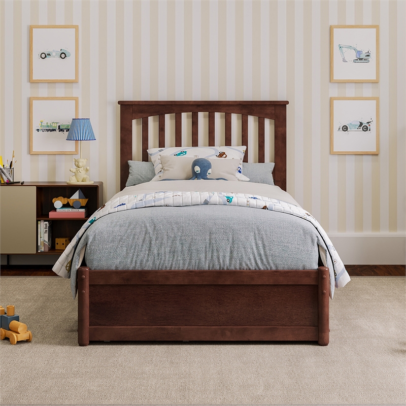 Everett Twin Wood Platform Bed with Panel Footboard and Twin Trundle in Walnut