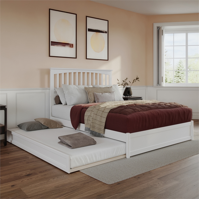 Everett Queen Wood Platform Bed with Panel Footboard & Twin XL Trundle in White