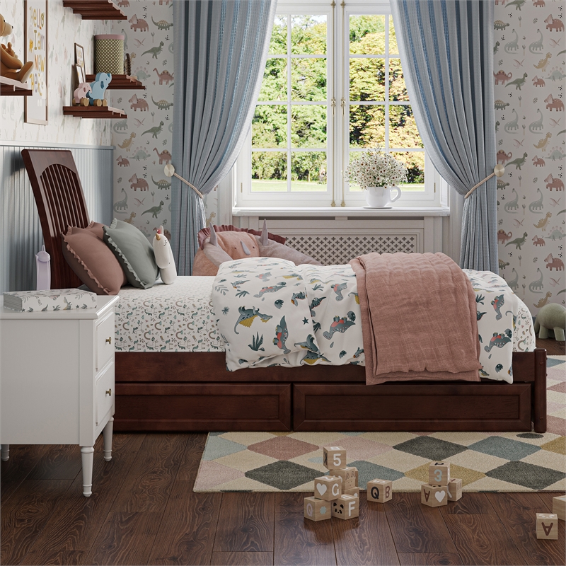 Roslyn Twin Platform Bed with Panel Footboard & 2 Storage Drawers in Walnut