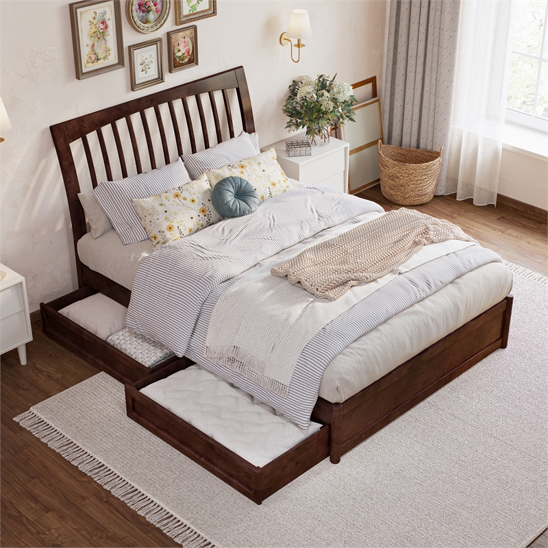 Roslyn Full Platform Bed with Panel Footboard & 2 Storage Drawers in Walnut