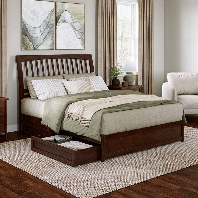 Roslyn Queen Platform Bed with Panel Footboard & 2 Storage Drawers in Walnut