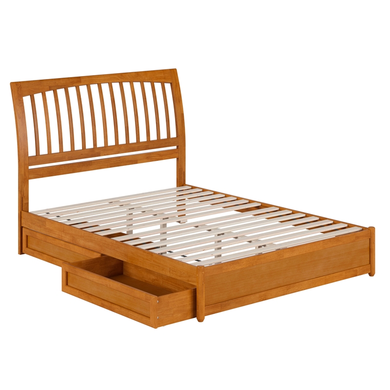 Roslyn Queen Platform Bed w Panel Footboard & 2 Storage Drawers in Light Toffee