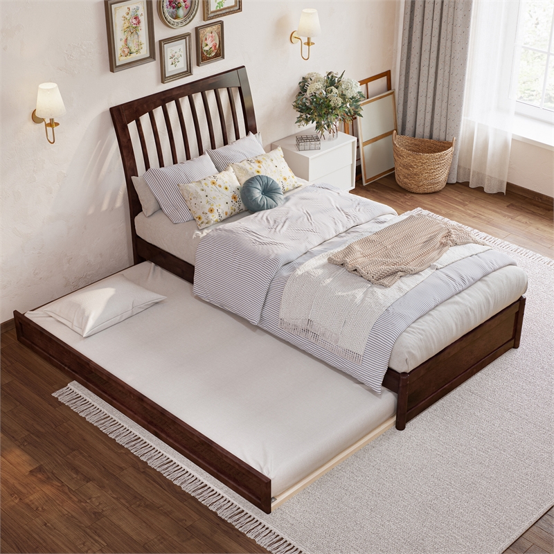 Roslyn Twin XL Wood Platform Bed with Panel Footboard &  Trundle in Walnut
