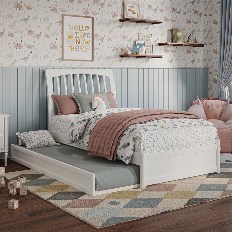 Roslyn Twin Wood Platform Bed with Panel Footboard and Twin Trundle in White