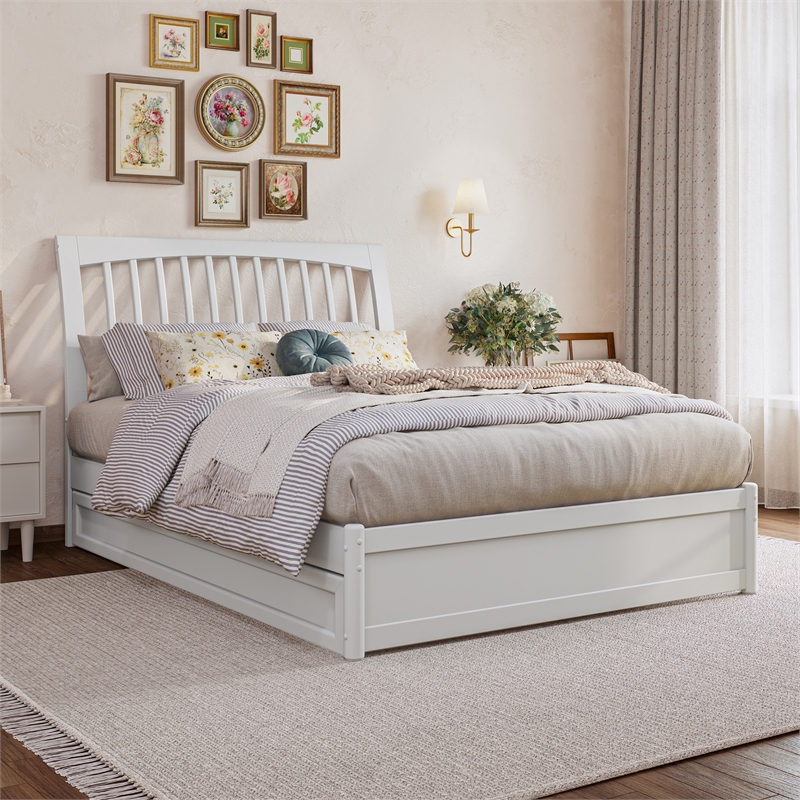 Roslyn Full Wood Platform Bed with Panel Footboard and Twin Trundle in White