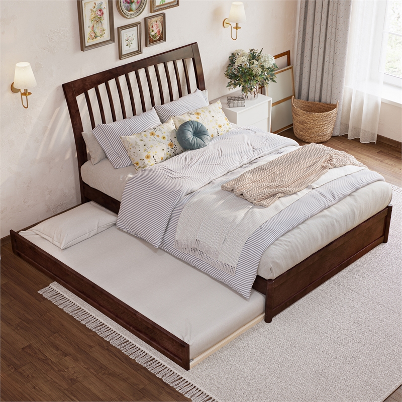 Roslyn Full Wood Platform Bed with Panel Footboard and Twin Trundle in Walnut