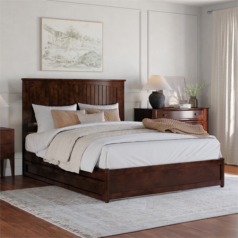 Malta Queen Wood Platform Bed with Panel Footboard and Twin XL Trundle in Walnut