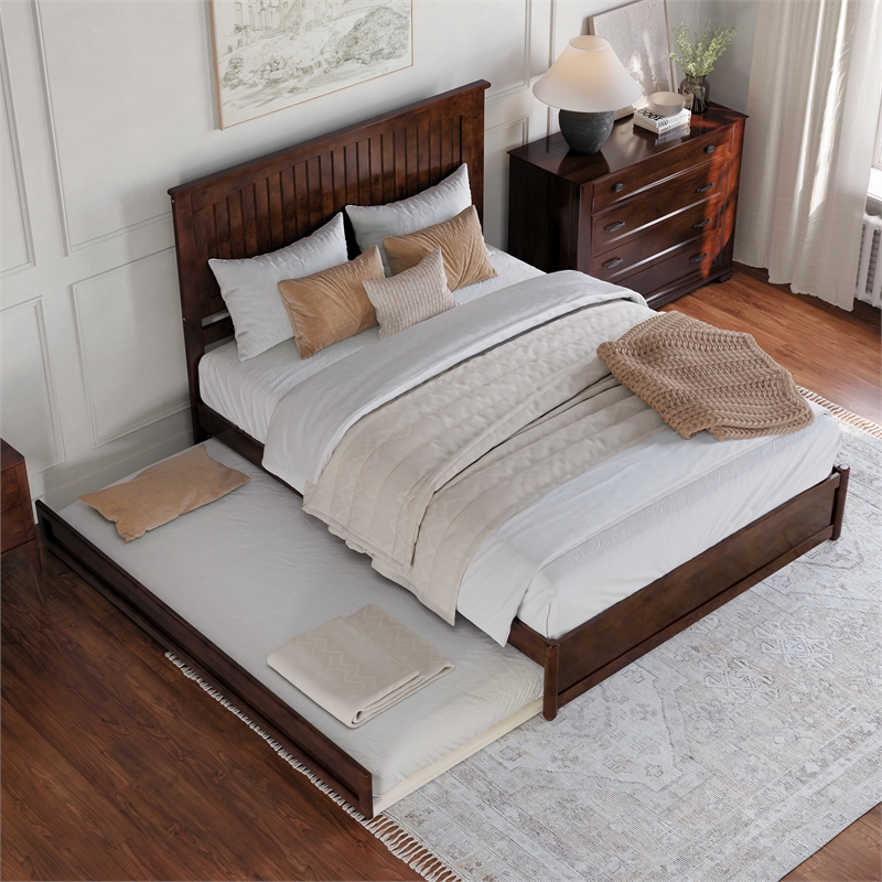 Malta Queen Wood Platform Bed with Panel Footboard and Twin XL Trundle in Walnut