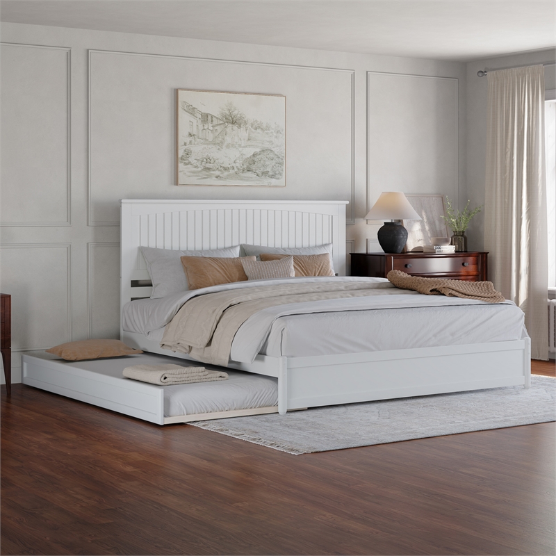 Malta King Wood Platform Bed with Panel Footboard and Twin XL Trundle in White