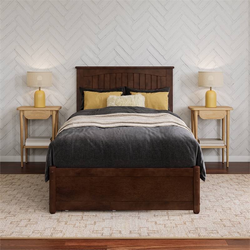 Malta Twin XL Wood Platform Bed with Panel Footboard & Storage Drawers in Walnut