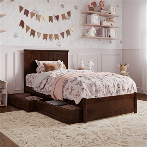 Malta Twin Wood Platform Bed with Panel Footboard and Storage Drawers in Walnut