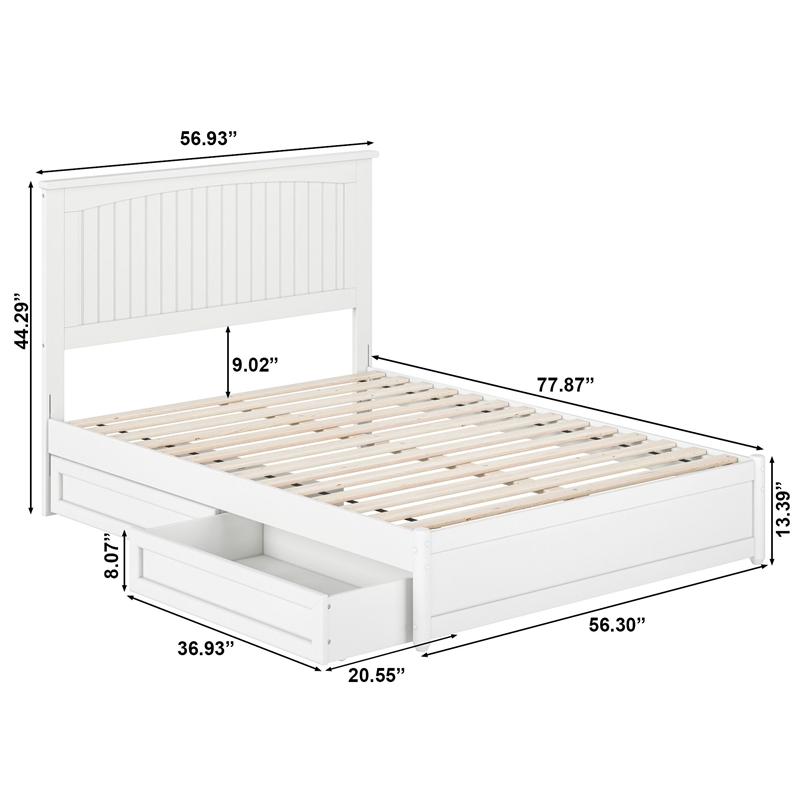 Malta Full Wood Platform Bed with Panel Footboard and Storage Drawers in White