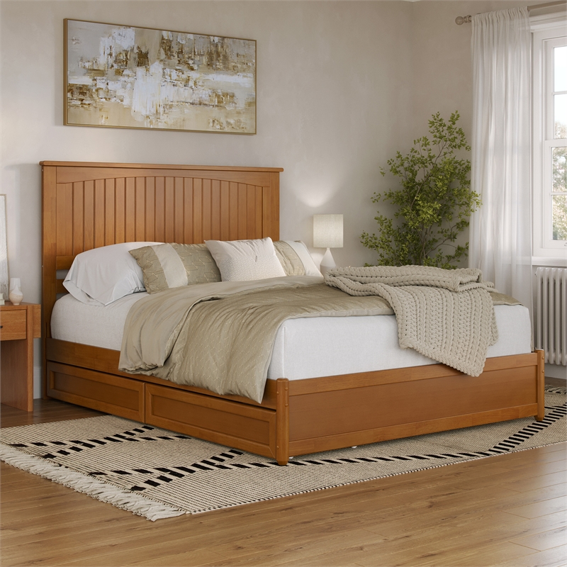 Malta Queen Wood Platform Bed with Panel Footboard & Drawers in Light Toffee