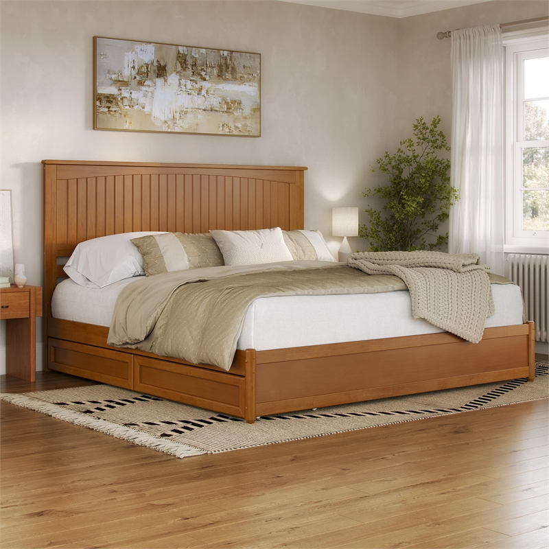 Malta King Wood Platform Bed with Panel Footboard & Drawers in Light Toffee