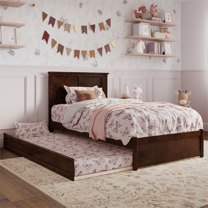 Felicity Twin Wood Platform Bed with Panel Footboard and Twin Trundle in Walnut