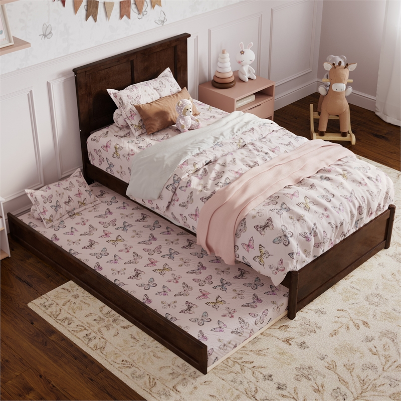 Felicity Twin Wood Platform Bed with Panel Footboard and Twin Trundle in Walnut