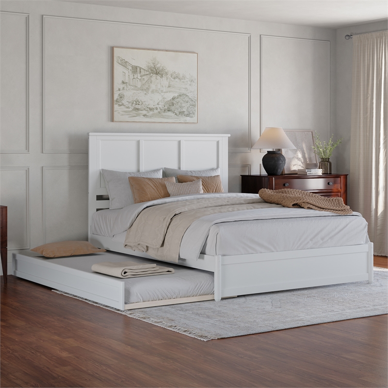 Felicity Queen Wood Platform Bed with Panel Footboard & Twin XL Trundle in White