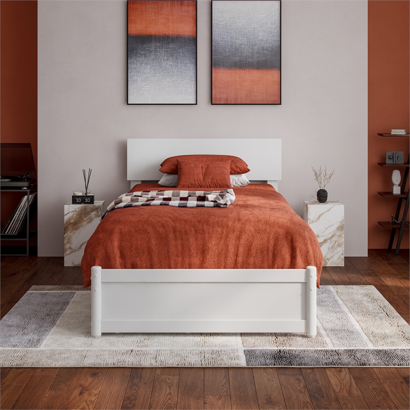 Wesley Twin XL Wood Platform Bed with Panel Footboard & Storage Drawers in White