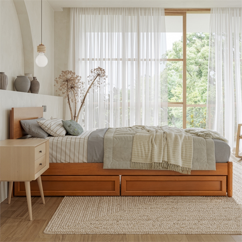 Wesley Twin XL Wood Platform Bed with Panel Footboard & Drawers in Light Toffee