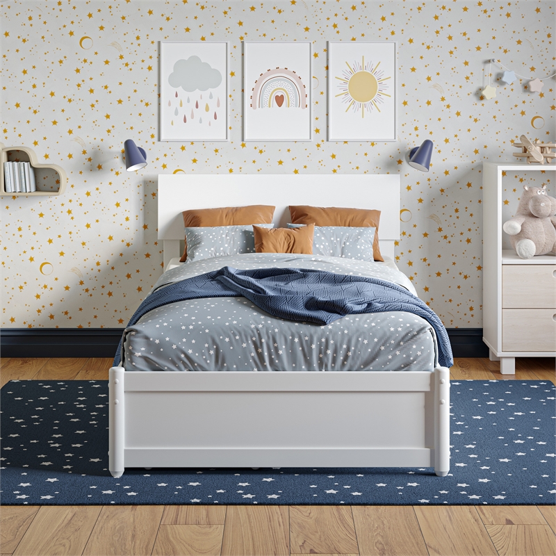 Wesley Twin Wood Platform Bed with Panel Footboard and Storage Drawers in White