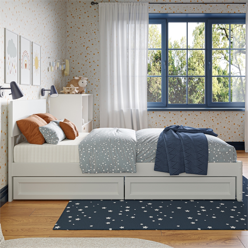 Wesley Twin Wood Platform Bed with Panel Footboard and Storage Drawers in White