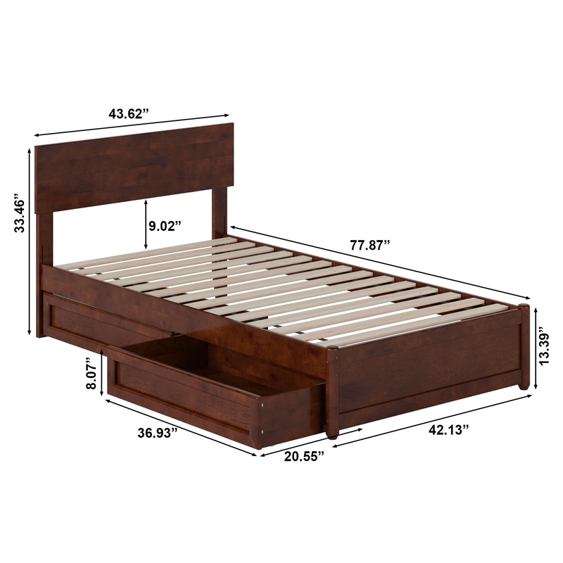 Wesley Twin Wood Platform Bed with Panel Footboard and Storage Drawers in Walnut