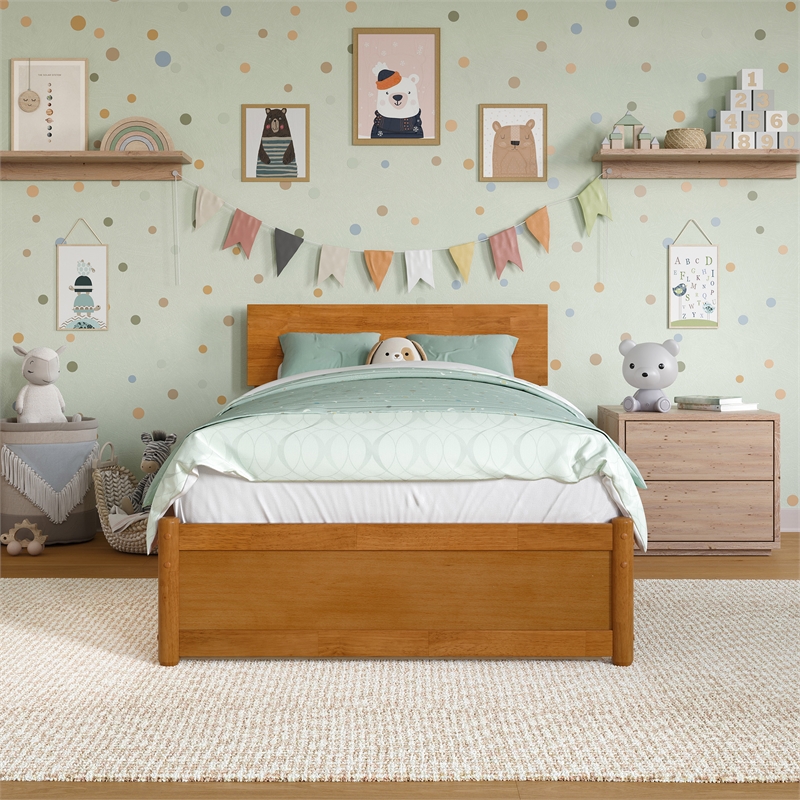 Wesley Twin Wood Platform Bed with Panel Footboard & Drawers in Light Toffee