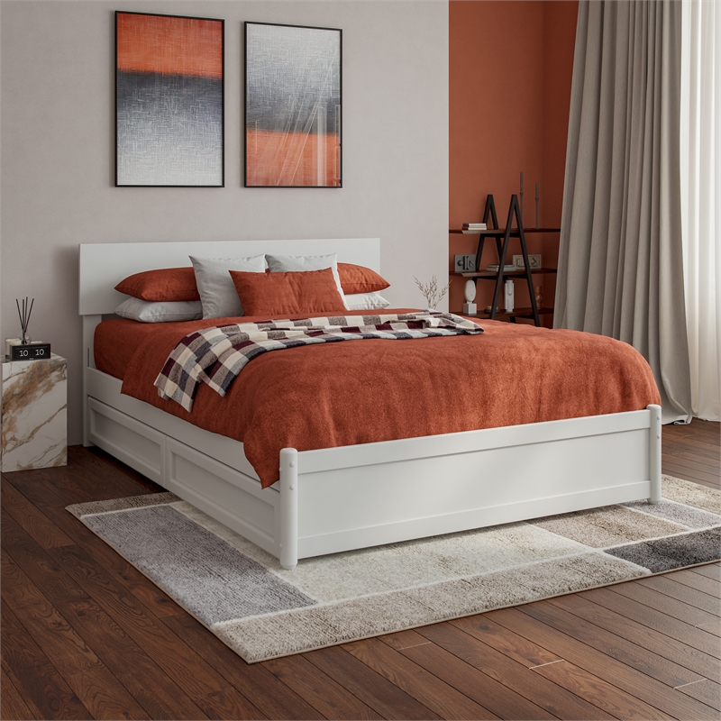 Wesley Full Wood Platform Bed with Panel Footboard and Storage Drawers in White