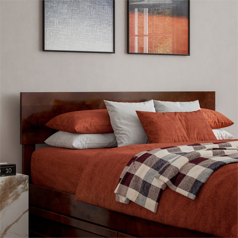 Wesley Full Wood Platform Bed with Panel Footboard and Storage Drawers in Walnut
