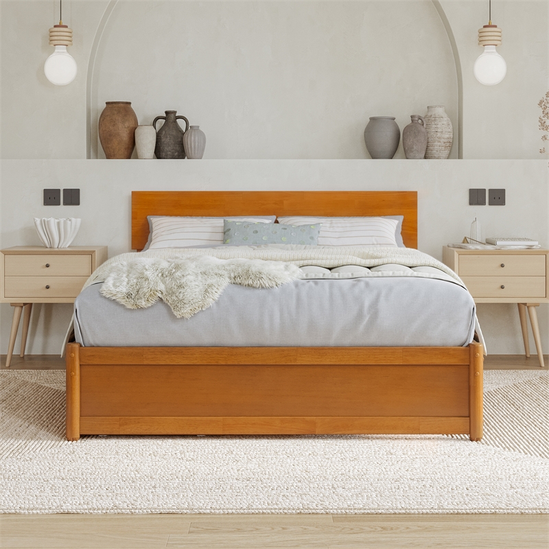 Wesley Full Wood Platform Bed with Panel Footboard & Drawers in Light Toffee