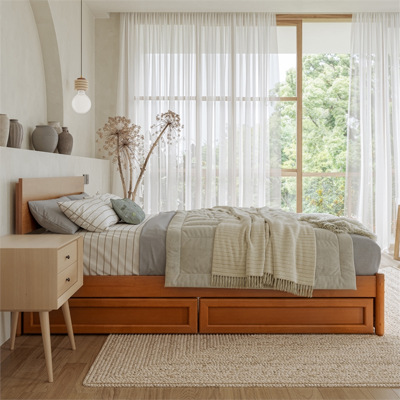Wesley Full Wood Platform Bed with Panel Footboard & Drawers in Light Toffee