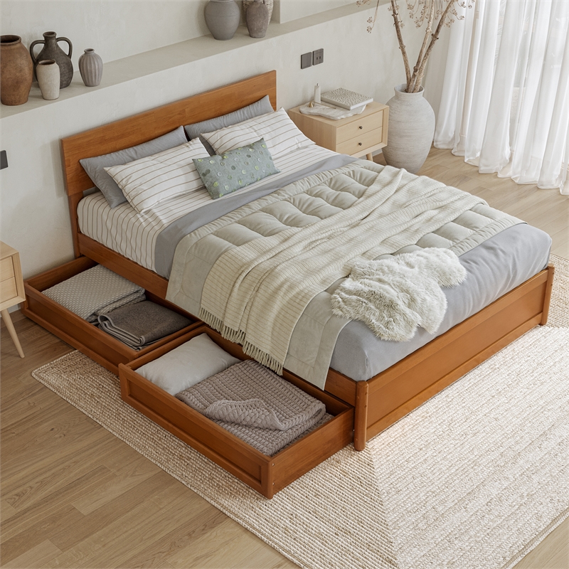 Wesley Full Wood Platform Bed with Panel Footboard & Drawers in Light Toffee