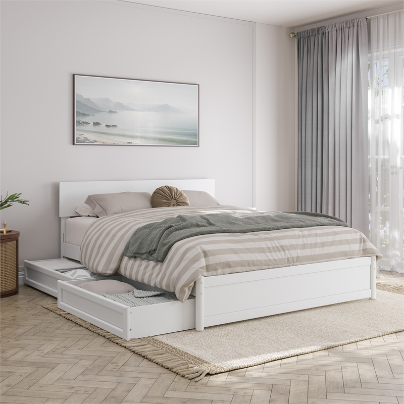 Wesley Queen Wood Platform Bed with Panel Footboard and Storage Drawers in White