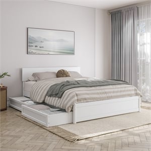 Wesley Queen Wood Platform Bed with Panel Footboard and Storage Drawers in White