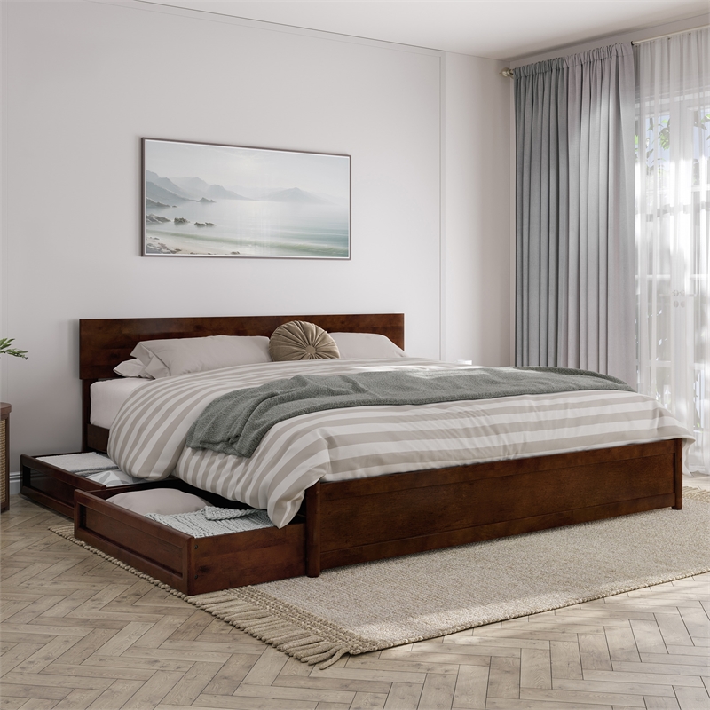 Wesley King Wood Platform Bed with Panel Footboard and Storage Drawers in Walnut