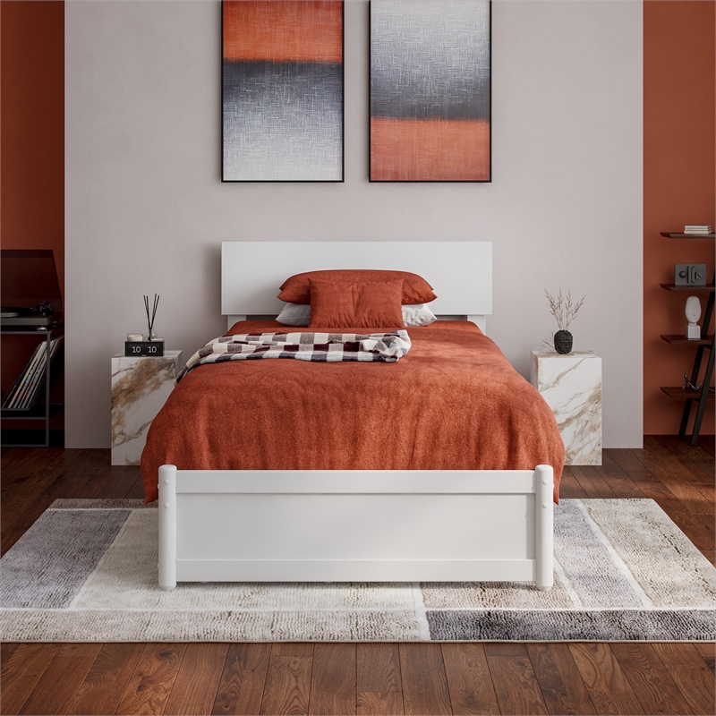 Wesley Twin XL Wood Platform Bed with Panel Footboard & Twin XL Trundle in White