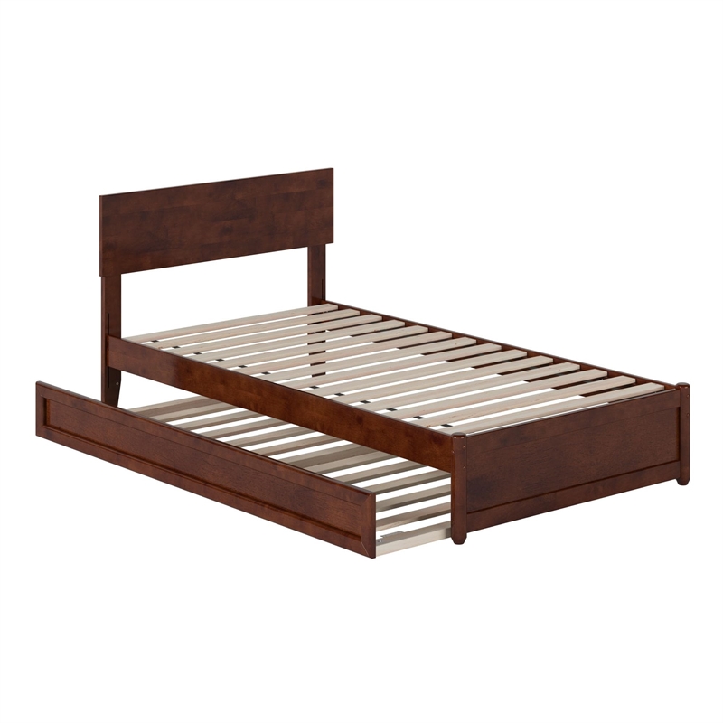 Wesley Twin XL Wood Platform Bed with Panel Footboard & Twin XL Trundle in Walnut