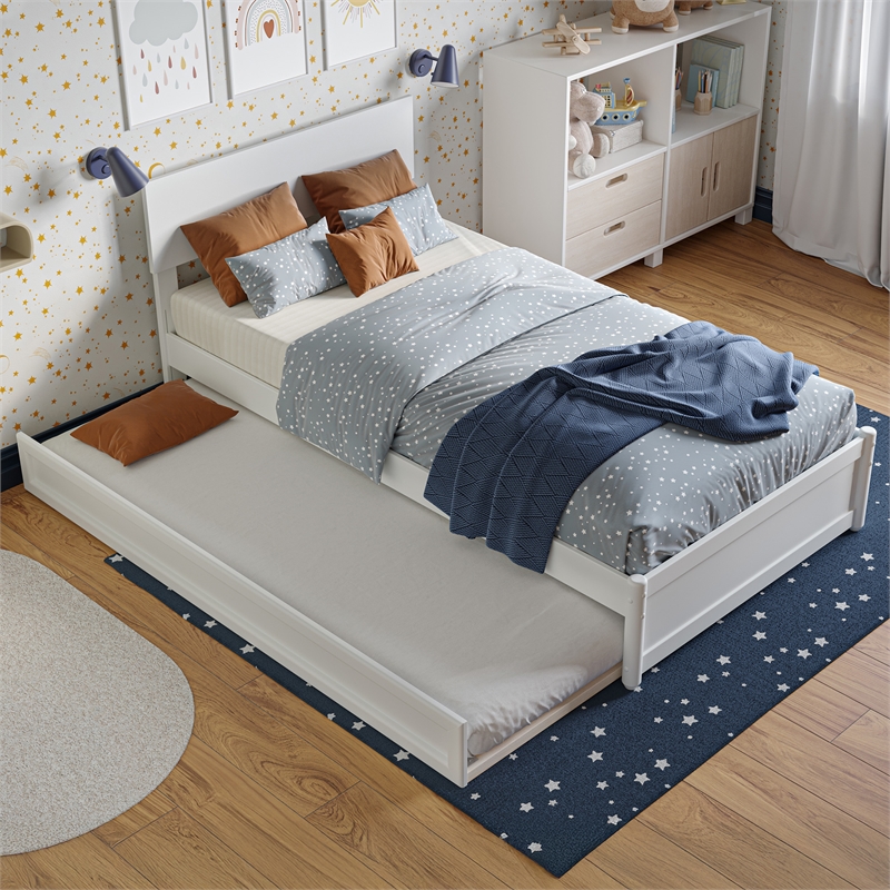 Wesley Twin Wood Platform Bed with Panel Footboard and Twin Trundle in White