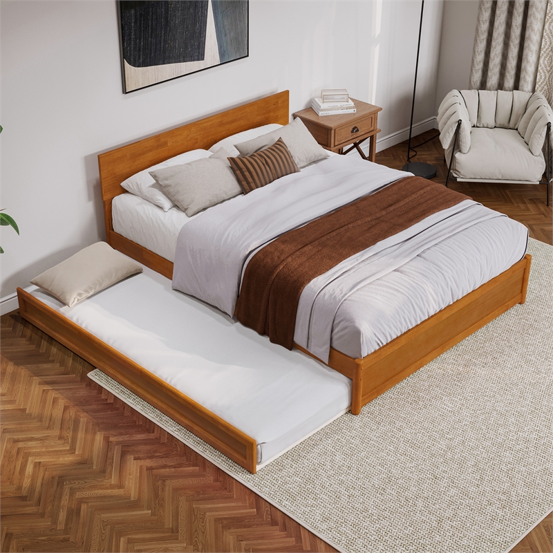 Wesley Queen Platform Bed with Panel Footboard & TXL Trundle in Light Toffee