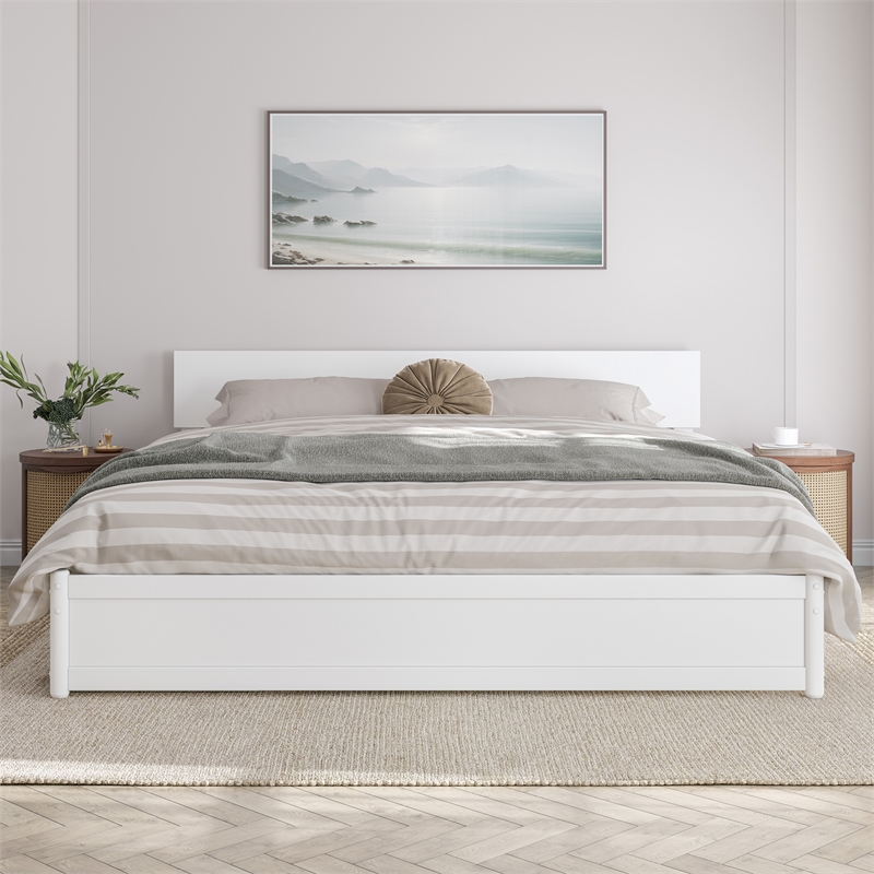 Wesley King Wood Platform Bed with Panel Footboard and Twin XL Trundle in White